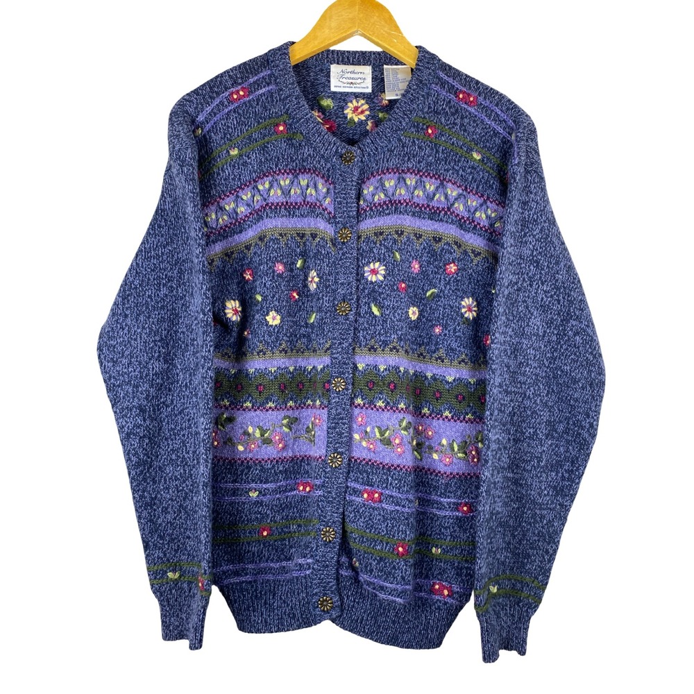 Northern Reflections Blue Floral Embroidered Fair Isle Cardigan Sweater Small